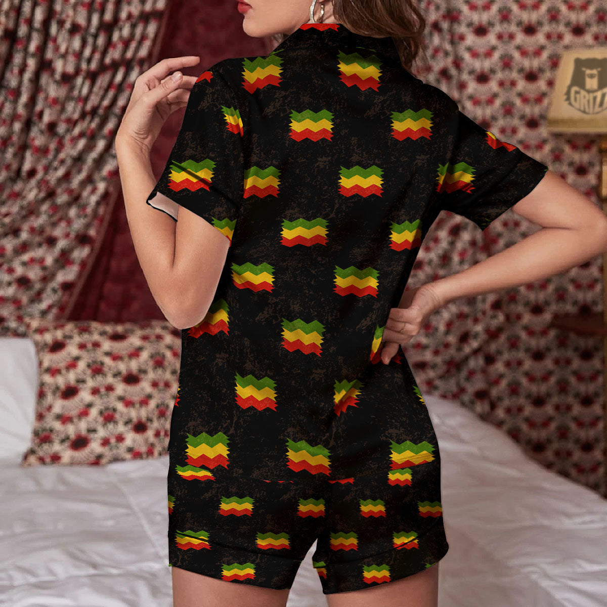 Flag Rasta Print Pattern Women Silk Pajamas-grizzshop