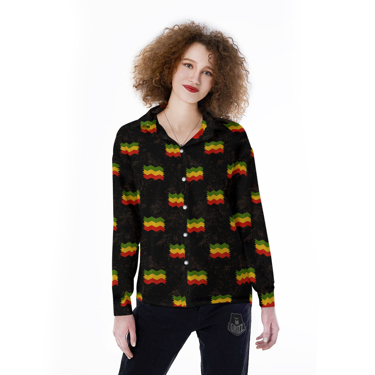 Flag Rasta Print Pattern Women's Long Sleeve Shirts-grizzshop