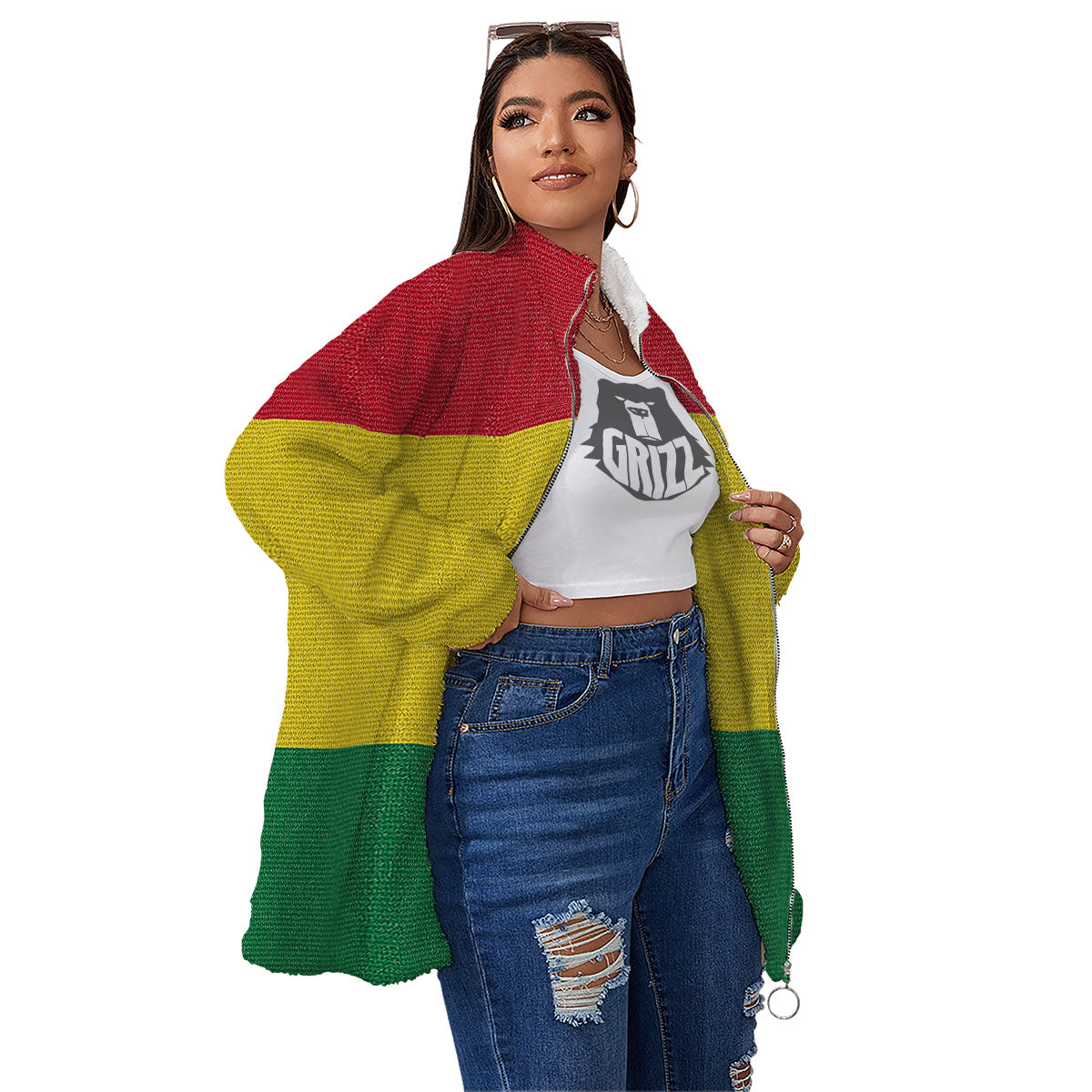 Flag Rasta Print Women's Sherpa Jacket-grizzshop