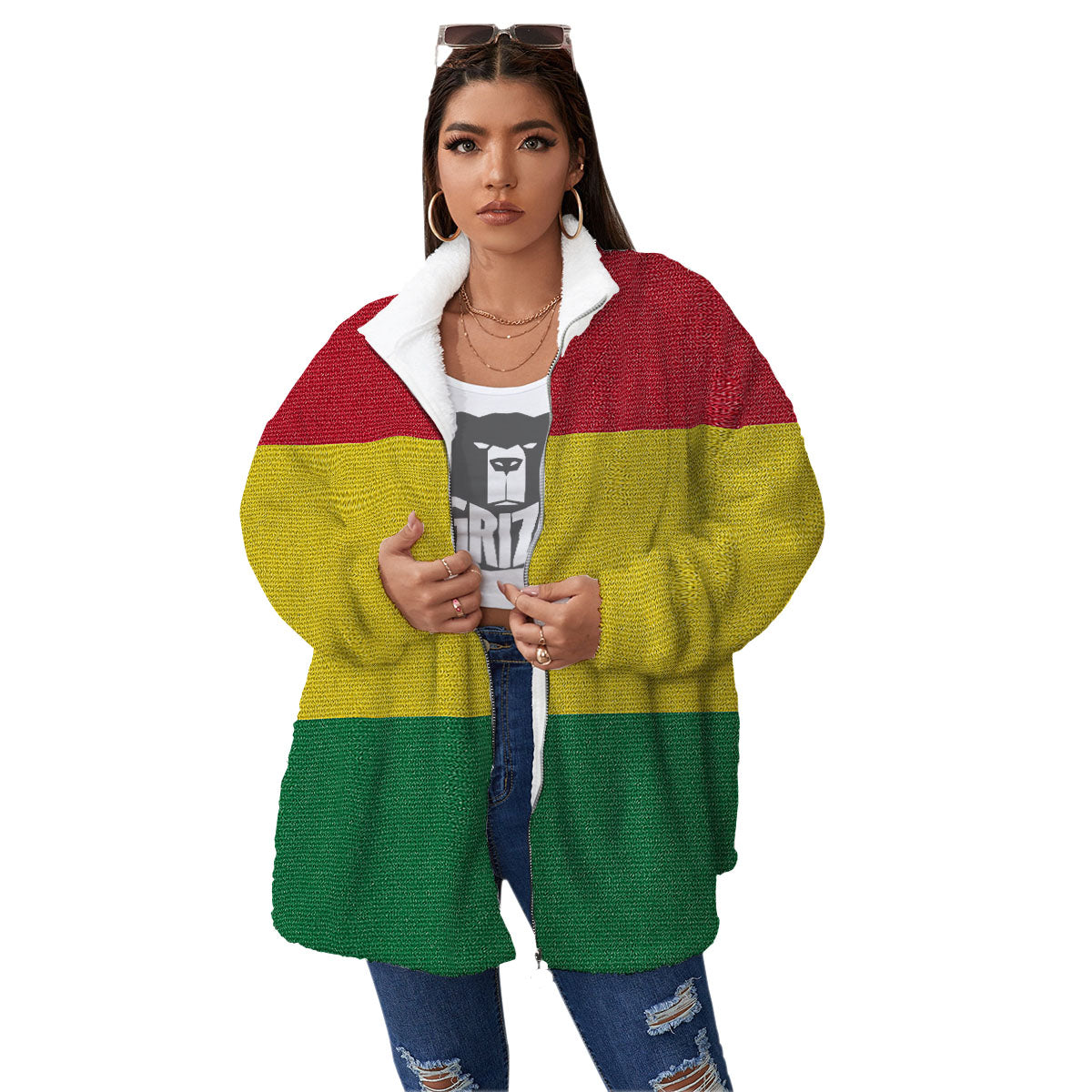 Flag Rasta Print Women's Sherpa Jacket-grizzshop