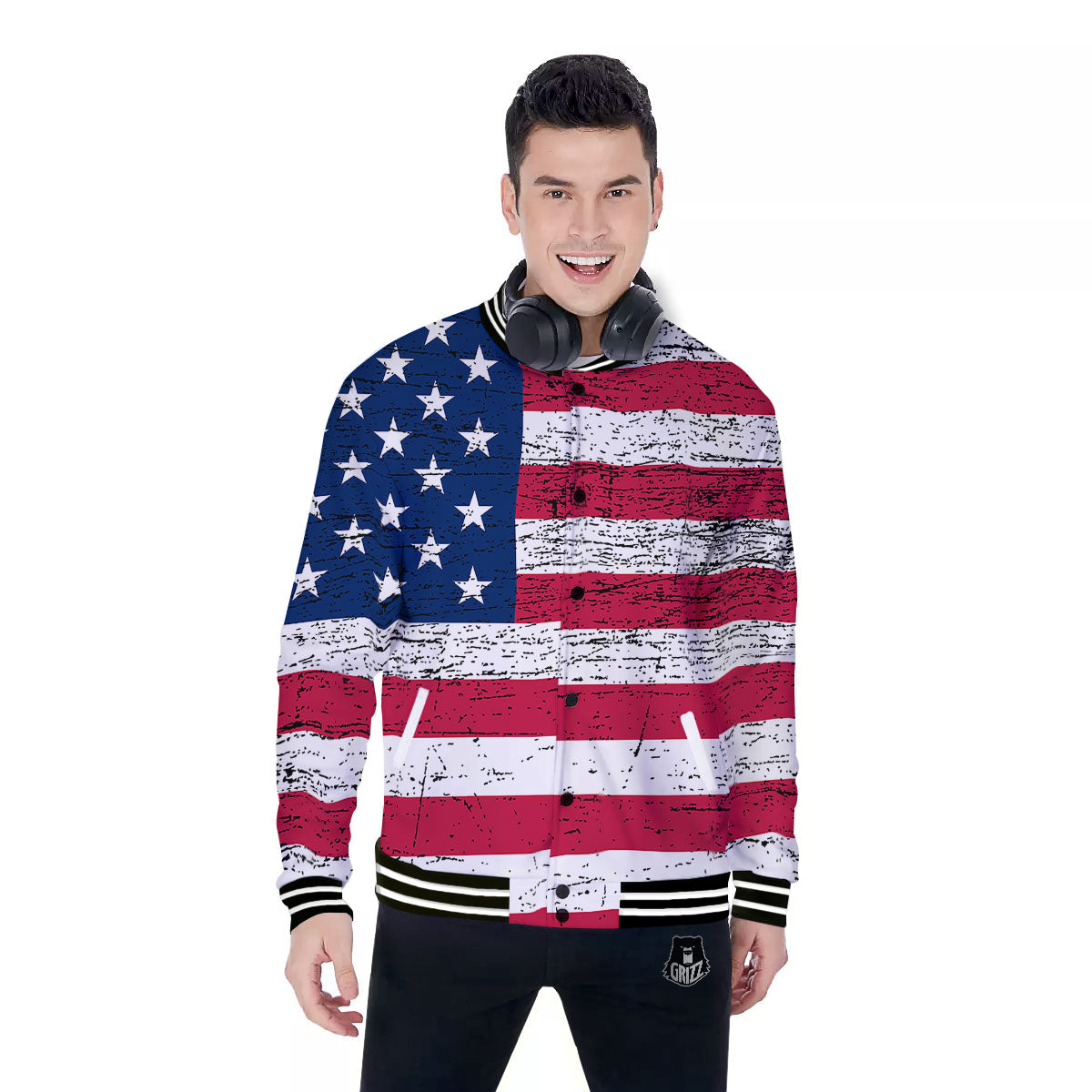 Flag USA Grunge Print Baseball Jacket-grizzshop