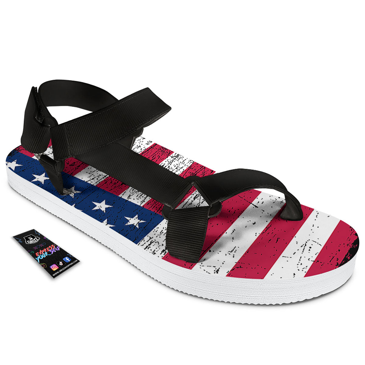 Flag USA Grunge Print Black Open Toe Sandals-grizzshop