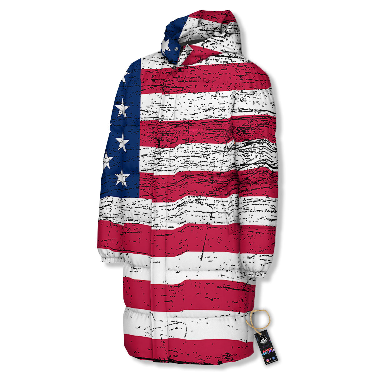 Flag USA Grunge Print Long Down Jacket-grizzshop