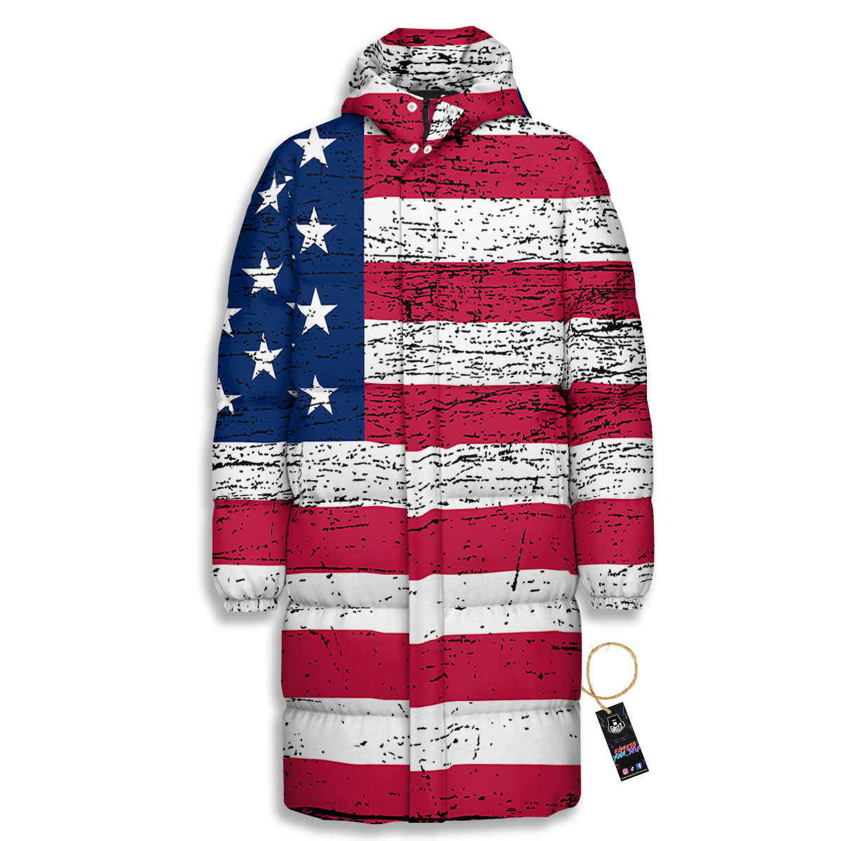 Flag USA Grunge Print Long Down Jacket-grizzshop