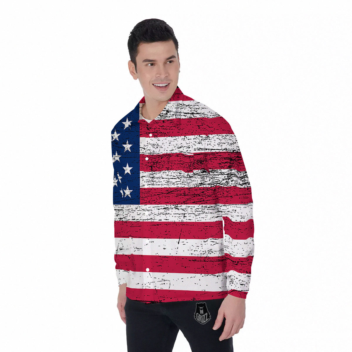 Flag USA Grunge Print Men's Long Sleeve Shirts-grizzshop