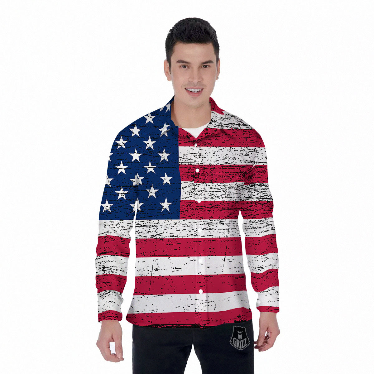 Flag USA Grunge Print Men's Long Sleeve Shirts-grizzshop