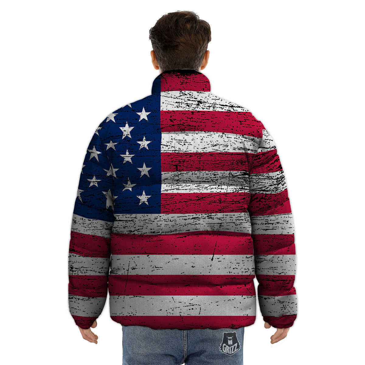 Flag USA Grunge Print Puffer Jacket-grizzshop