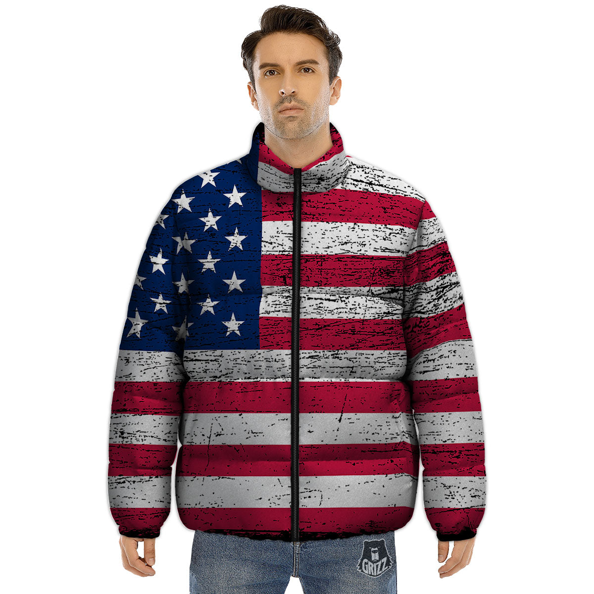 Flag USA Grunge Print Puffer Jacket-grizzshop