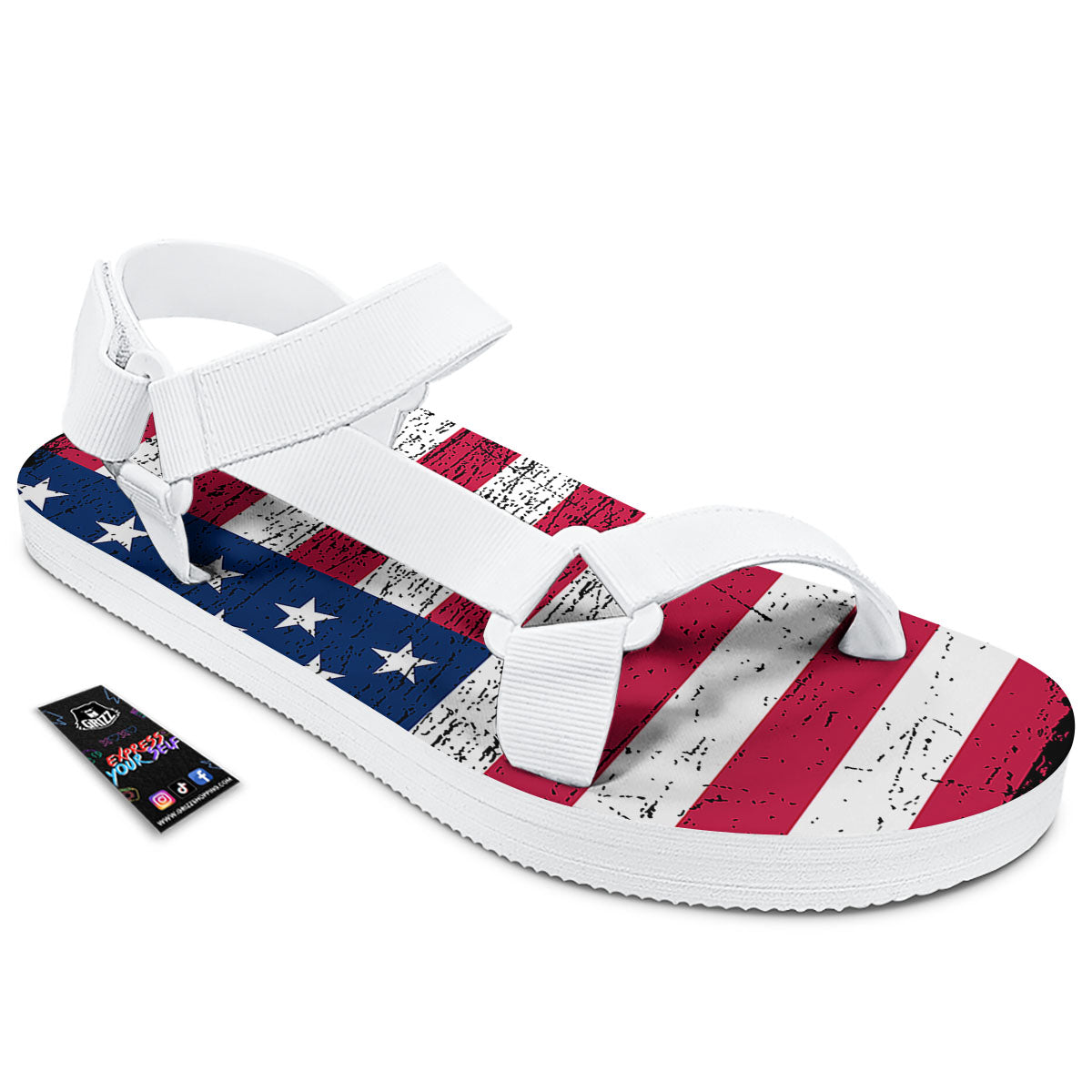 Flag USA Grunge Print White Open Toe Sandals-grizzshop