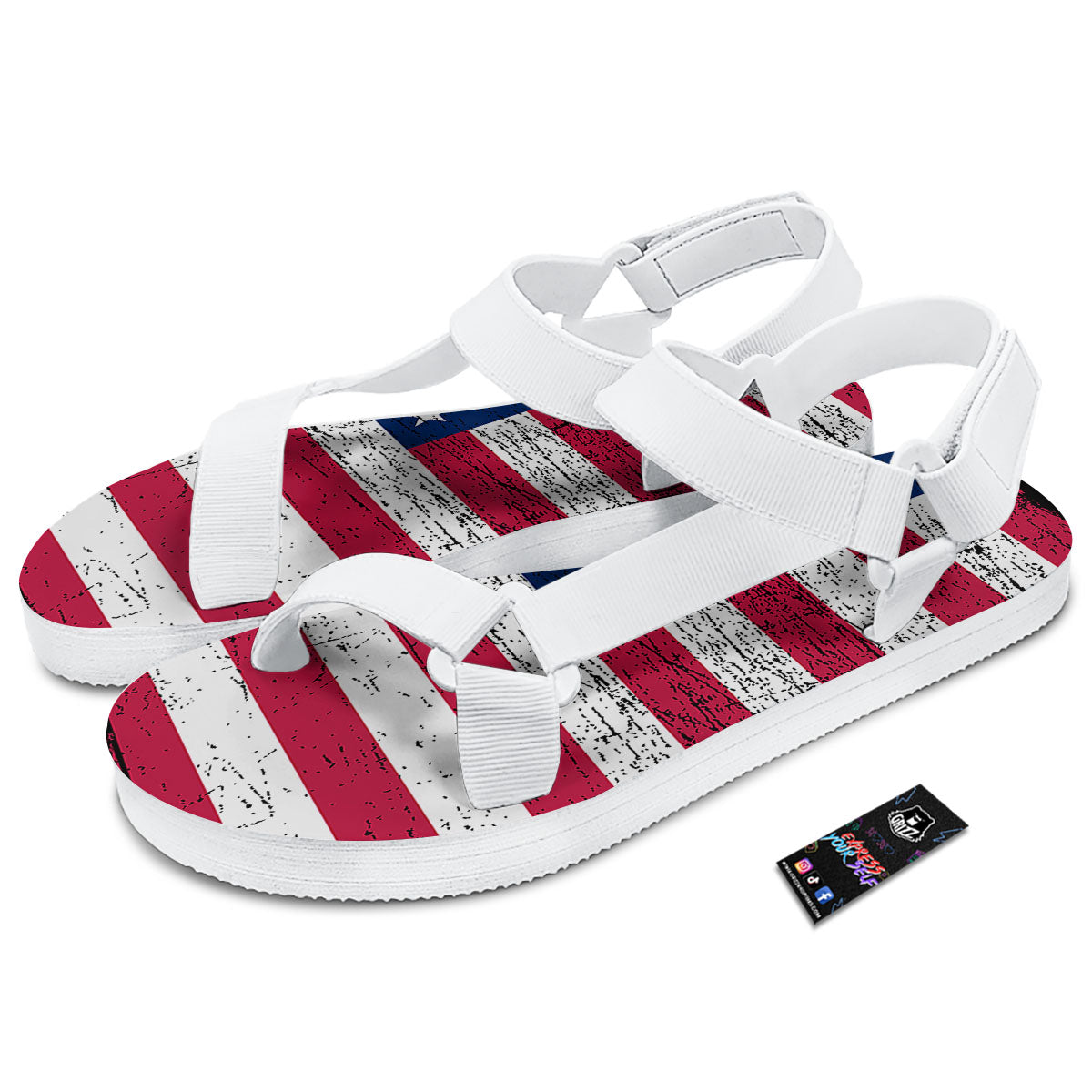 Flag USA Grunge Print White Open Toe Sandals-grizzshop