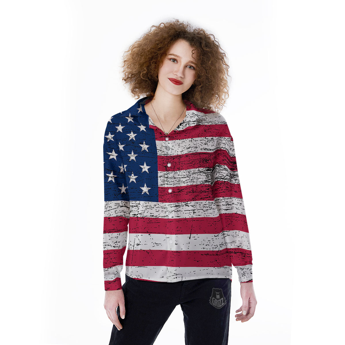 Flag USA Grunge Print Women's Long Sleeve Shirts-grizzshop