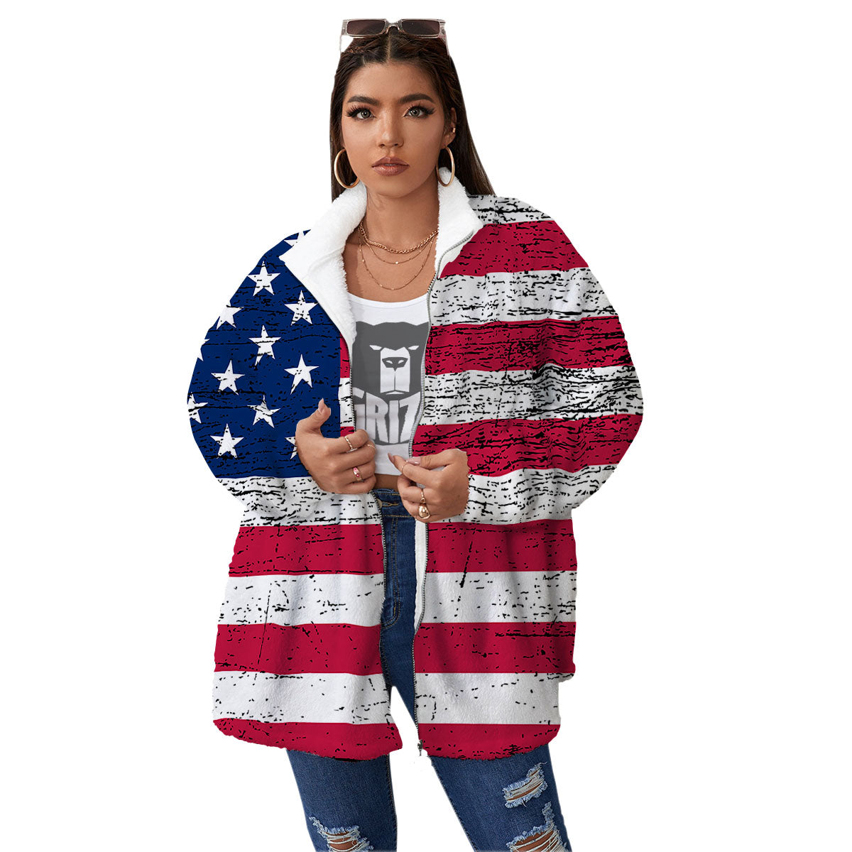 Flag USA Grunge Print Women's Sherpa Jacket-grizzshop