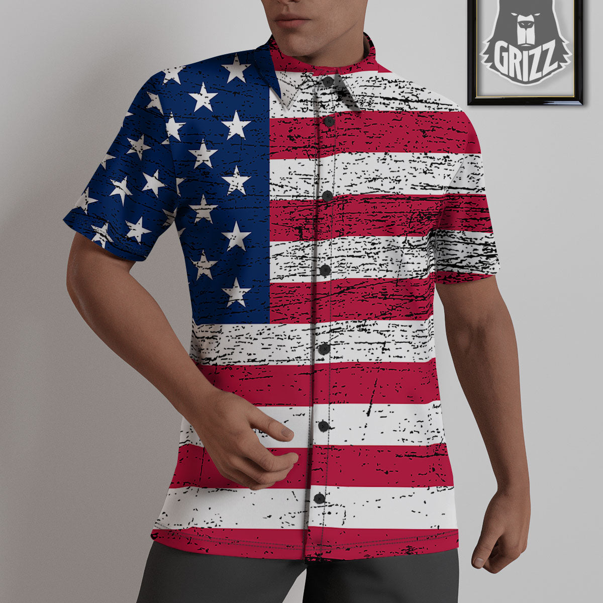 Flag USA Grunge Print Untucked Shirts-grizzshop