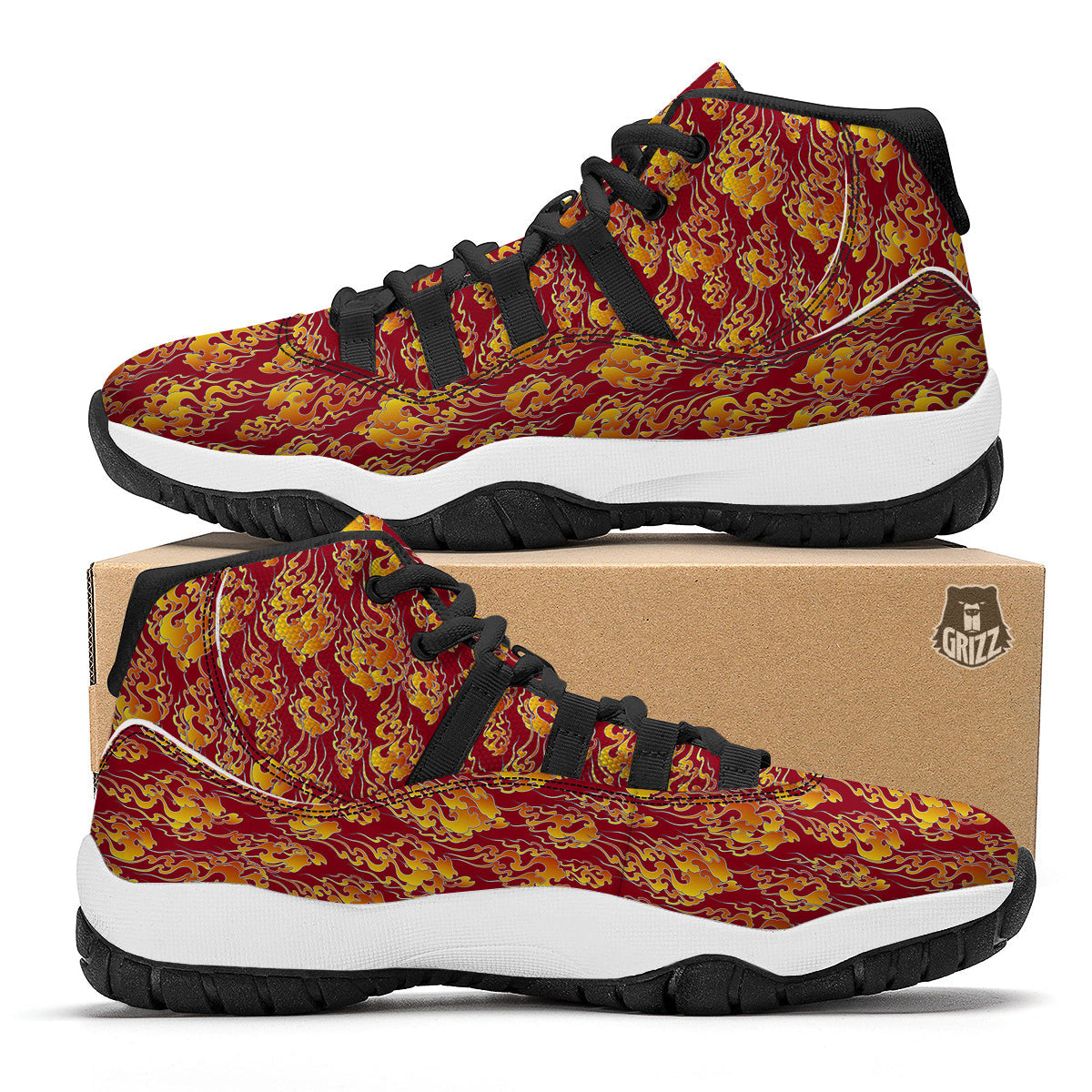 Flame Burning Japanese Art Print Pattern Black Bball Shoes-grizzshop