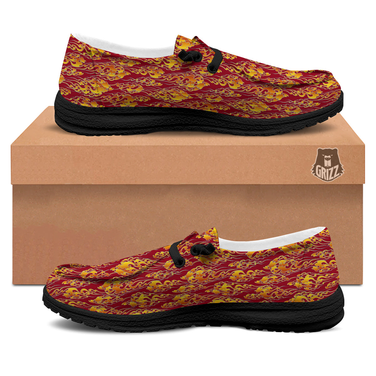 Flame Burning Japanese Art Print Pattern Black Loafers-grizzshop