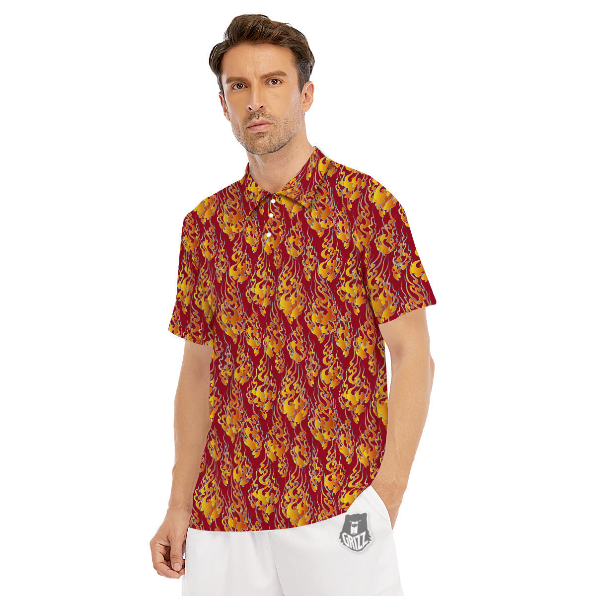 Flame Burning Japanese Art Print Pattern Men's Golf Shirts-grizzshop
