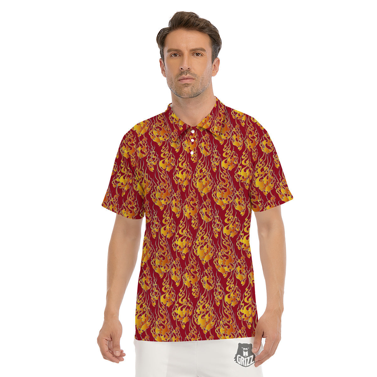 Flame Burning Japanese Art Print Pattern Men's Golf Shirts-grizzshop