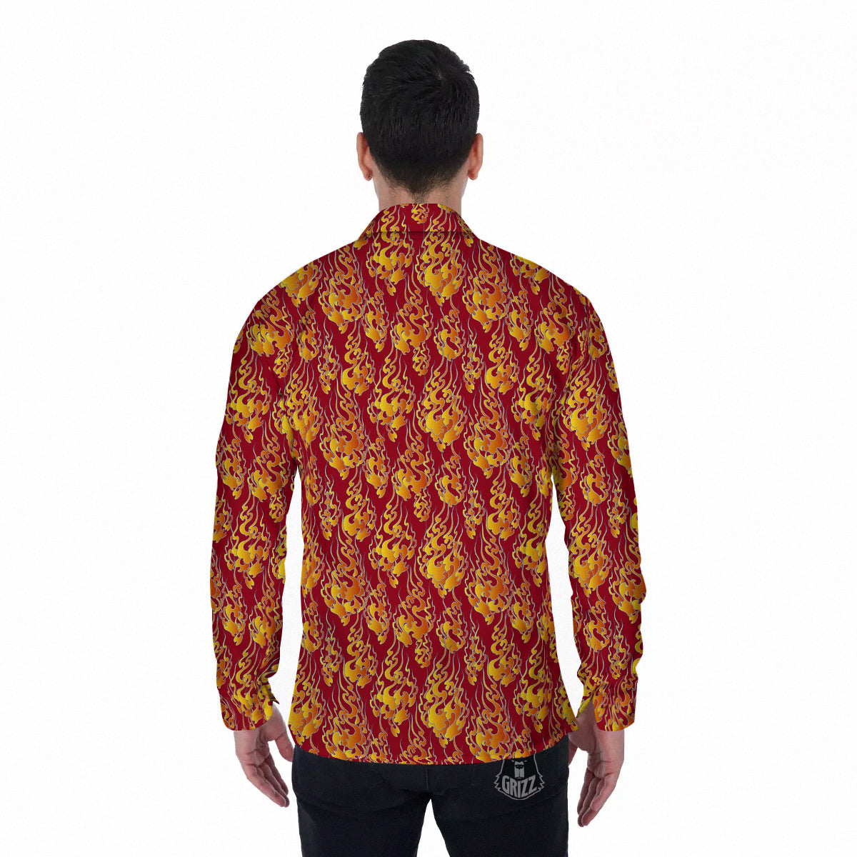 Flame Burning Japanese Art Print Pattern Men's Long Sleeve Shirts-grizzshop