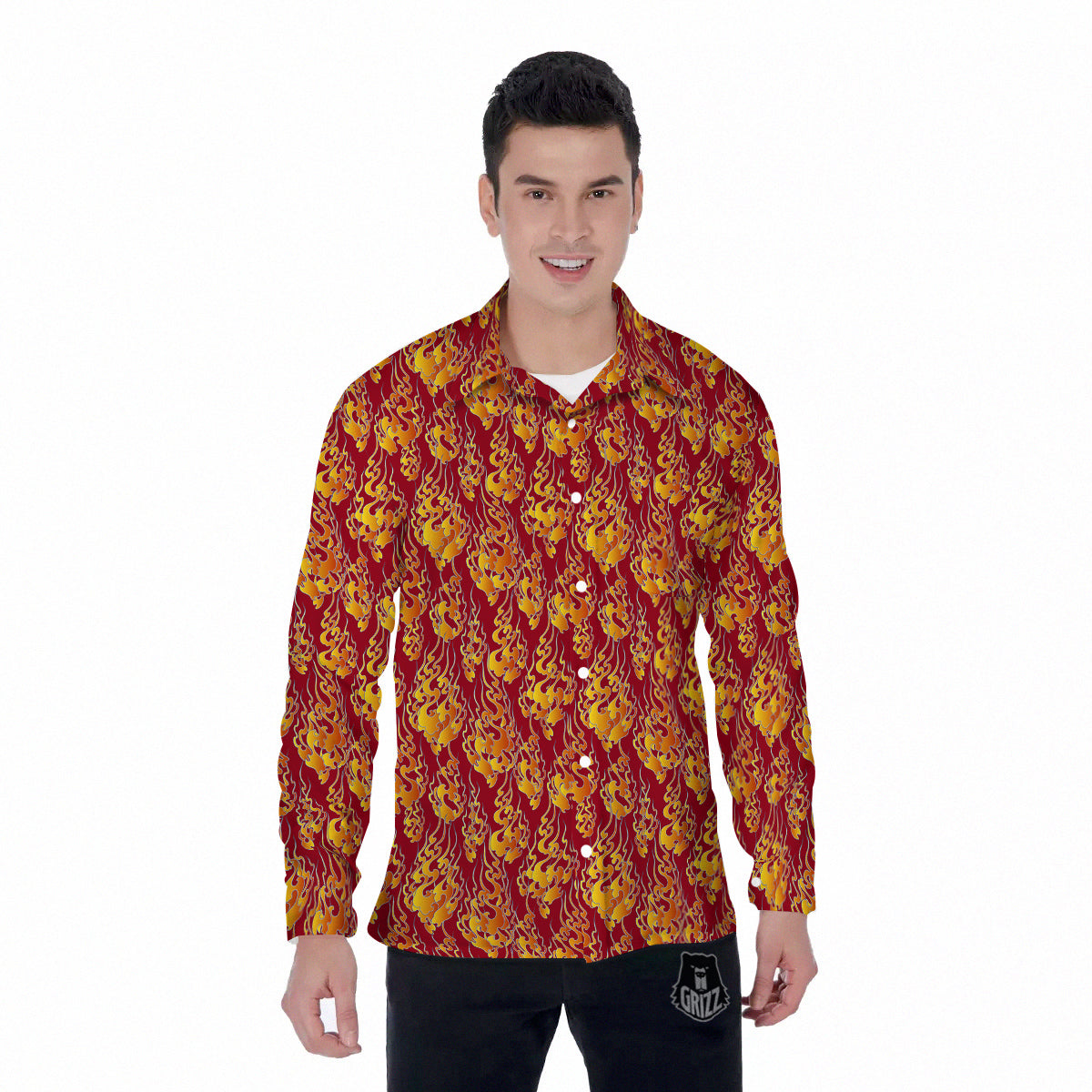 Flame Burning Japanese Art Print Pattern Men's Long Sleeve Shirts-grizzshop