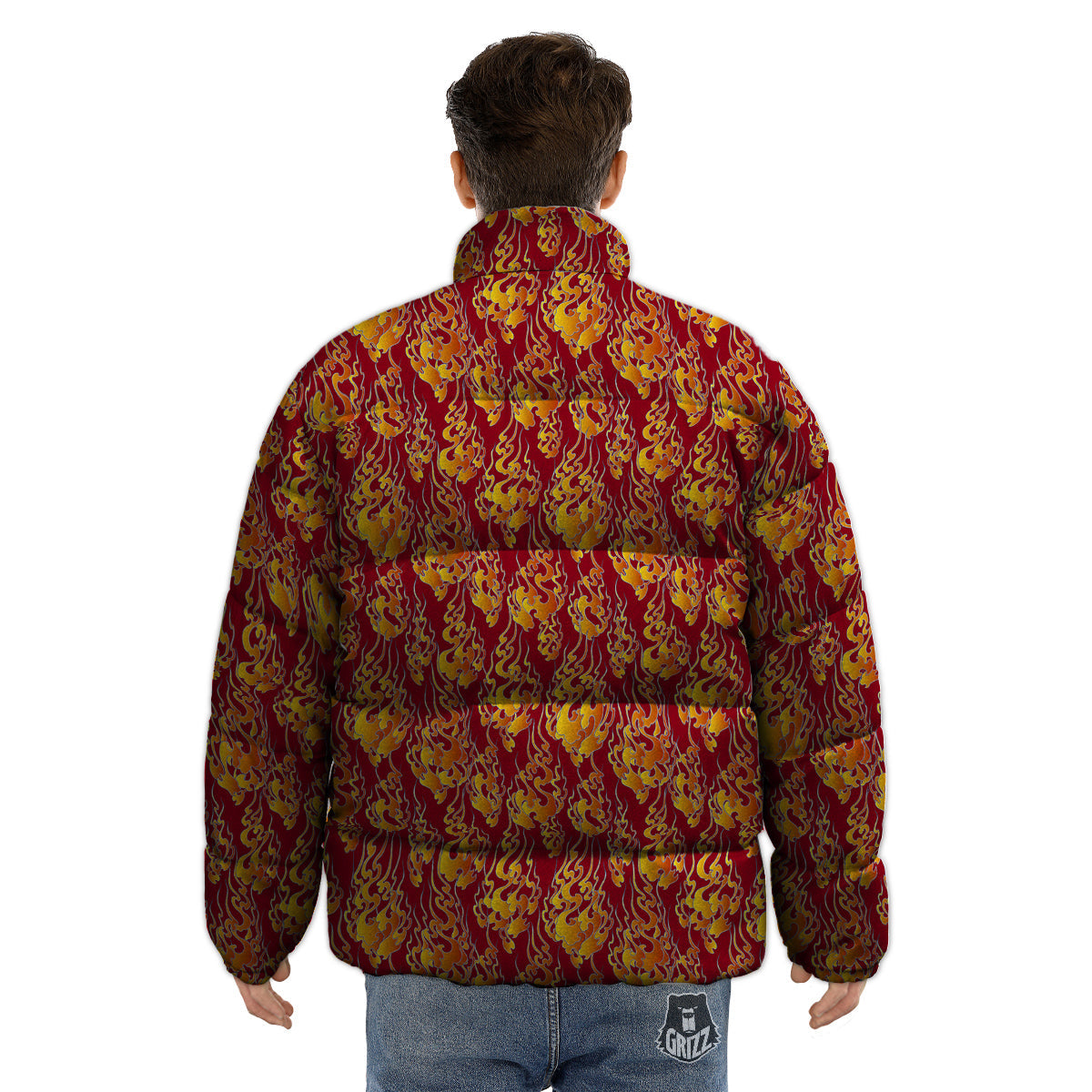 Flame Burning Japanese Art Print Pattern Puffer Jacket-grizzshop