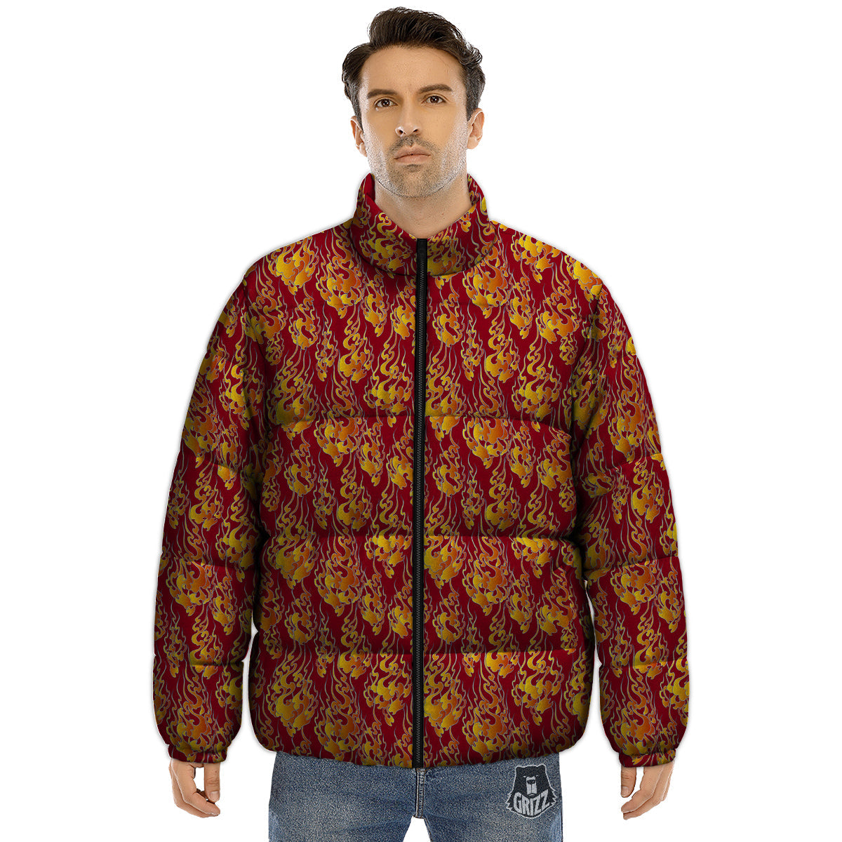 Flame Burning Japanese Art Print Pattern Puffer Jacket-grizzshop