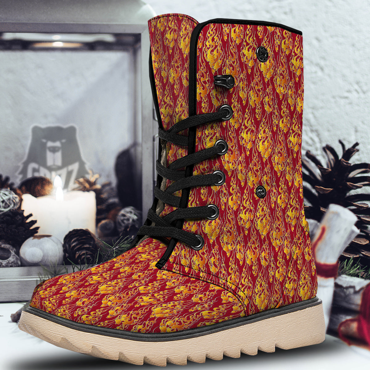 Flame Burning Japanese Art Print Pattern Snow Boots-grizzshop