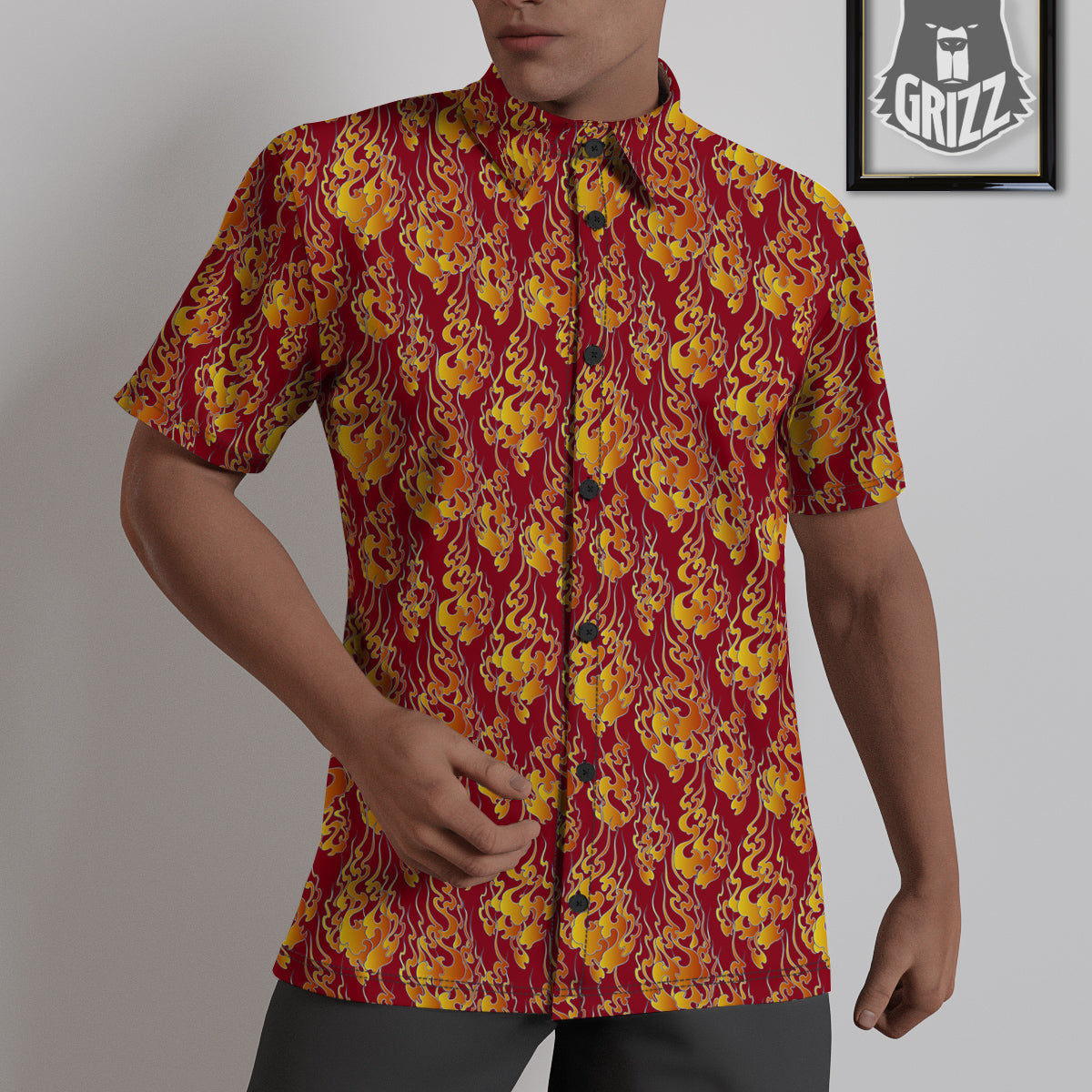 Flame Burning Japanese Art Print Pattern Untucked Shirts-grizzshop