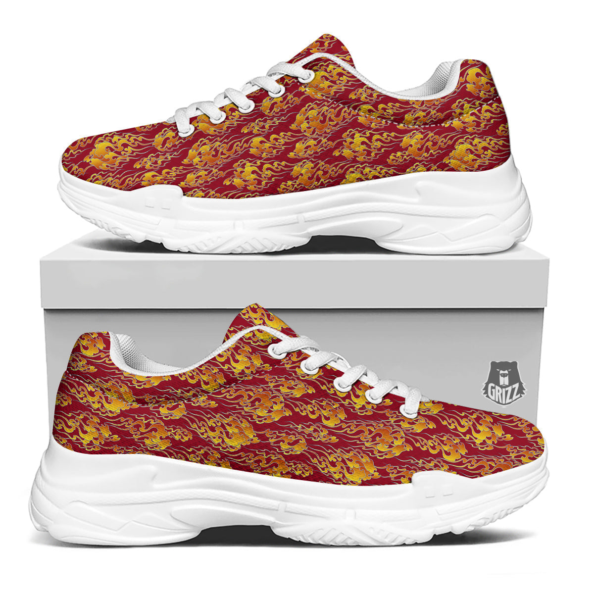 Flame Burning Japanese Art Print Pattern White Chunky Shoes-grizzshop