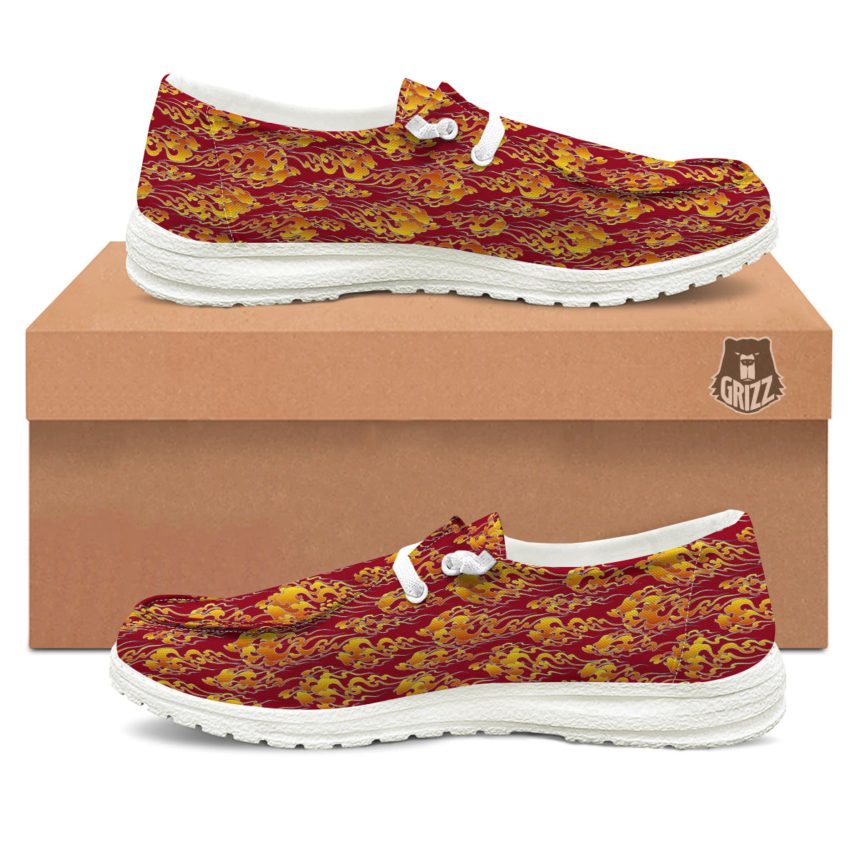 Flame Burning Japanese Art Print Pattern White Loafers-grizzshop
