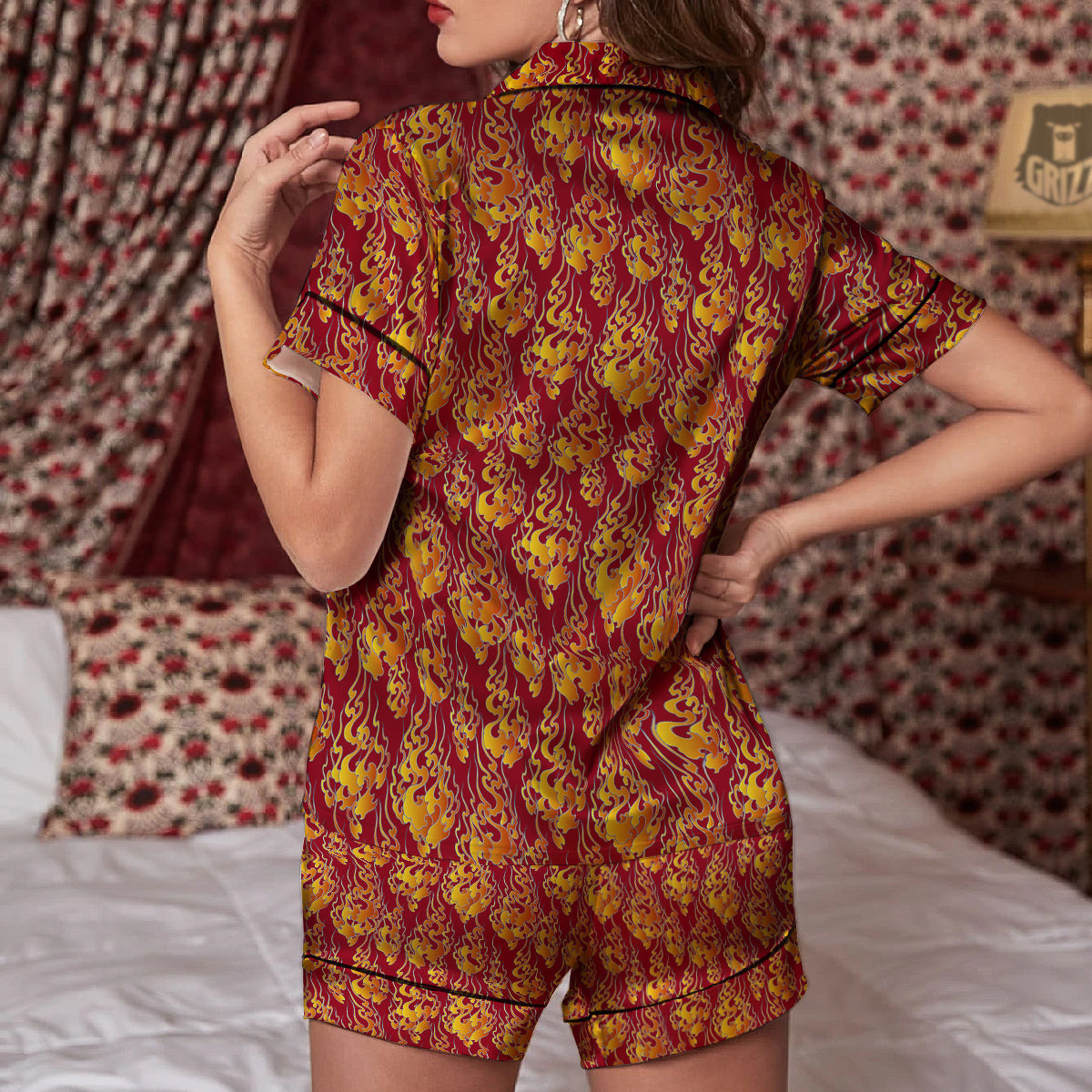Flame Burning Japanese Art Print Pattern Women Silk Pajamas-grizzshop