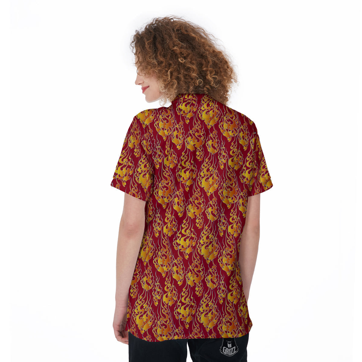 Flame Burning Japanese Art Print Pattern Women's Golf Shirts-grizzshop