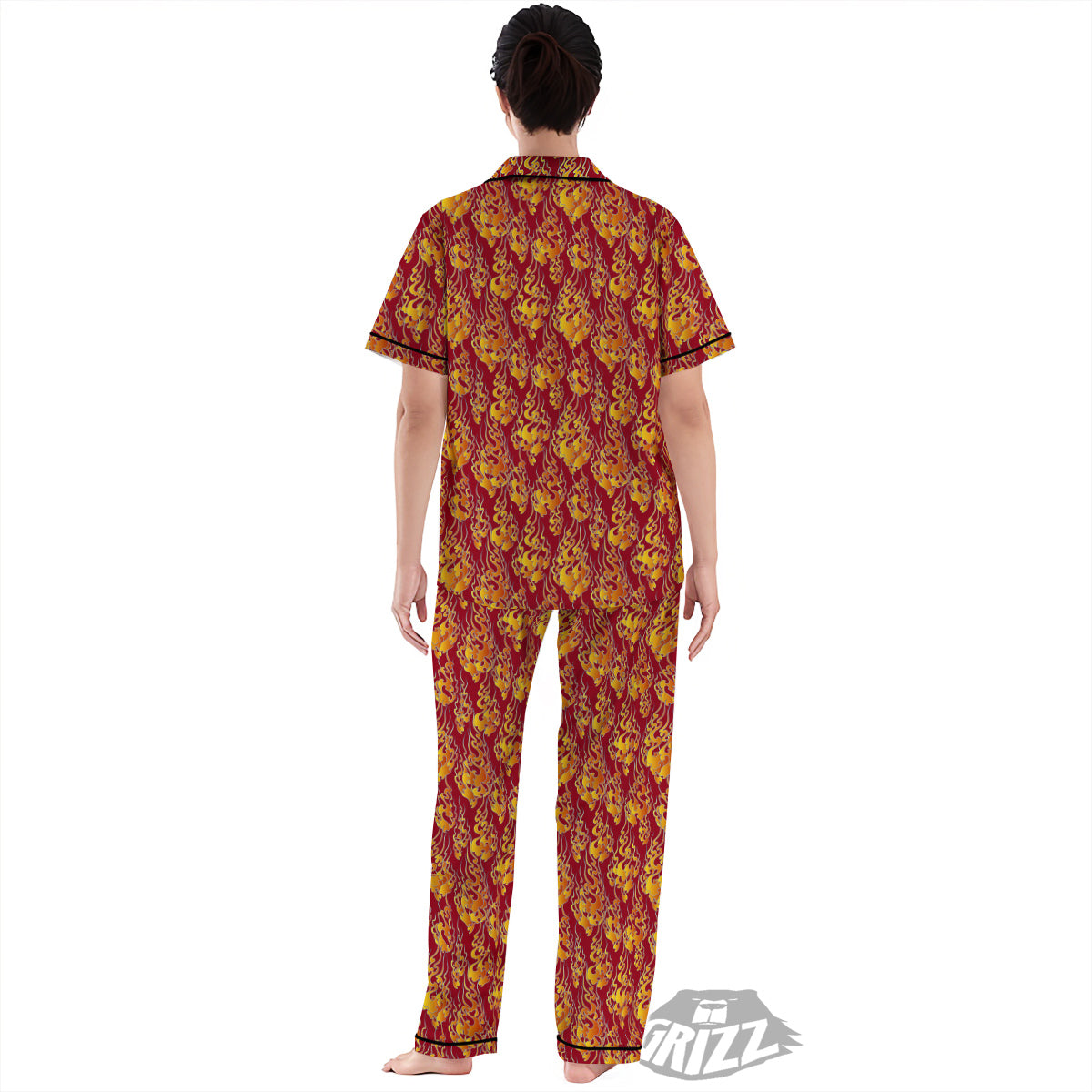 Flame Burning Japanese Art Print Pattern Women's Pajamas Set-grizzshop