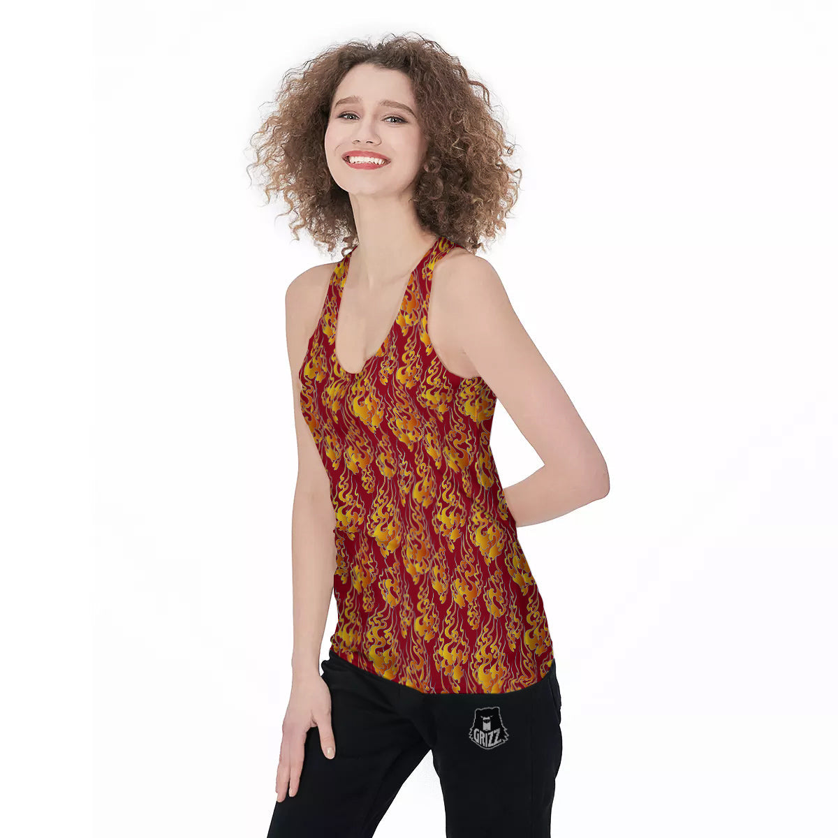 Flame Burning Japanese Art Print Pattern Women's Racerback Tank Top-grizzshop