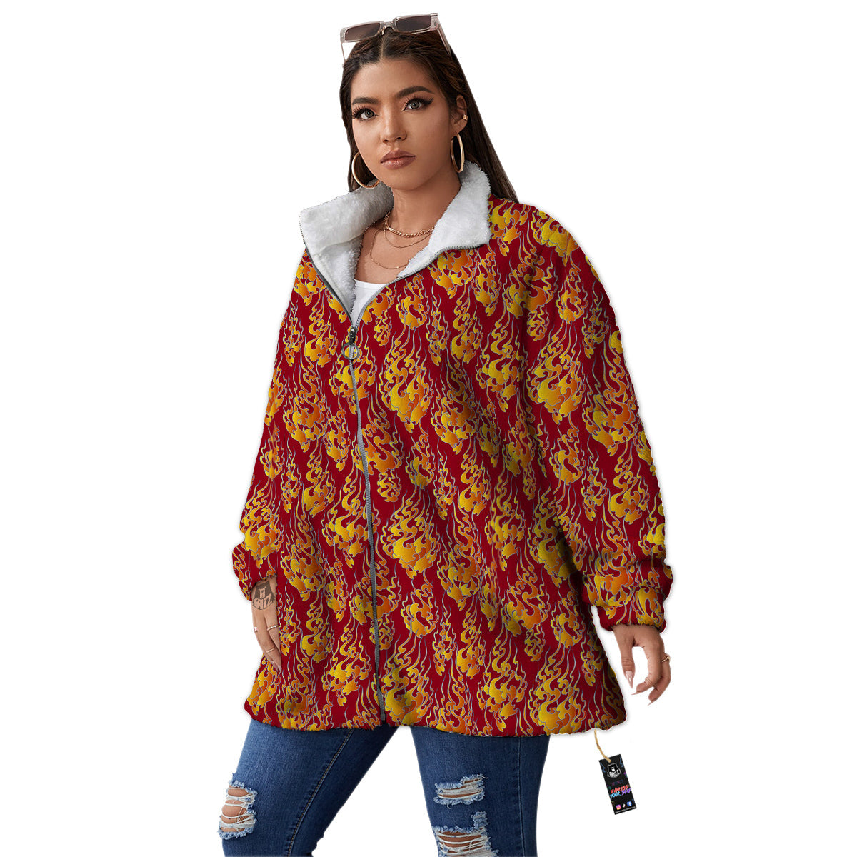 Flame Burning Japanese Art Print Pattern Women's Sherpa Jacket-grizzshop