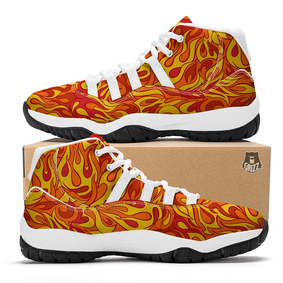 Flame Fire Print Pattern White Bball Shoes-grizzshop