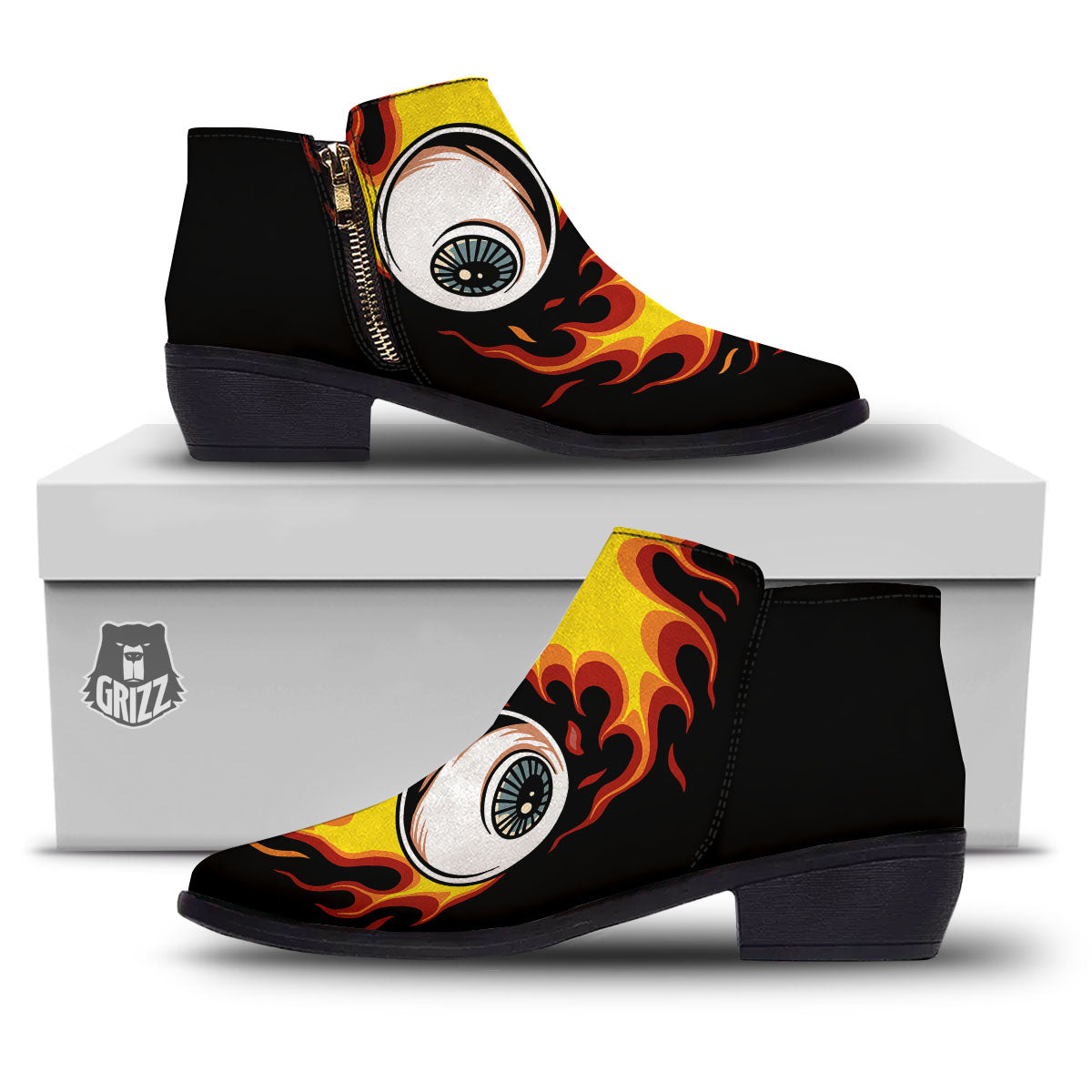 Flaming Eye Print Ankle Boots-grizzshop