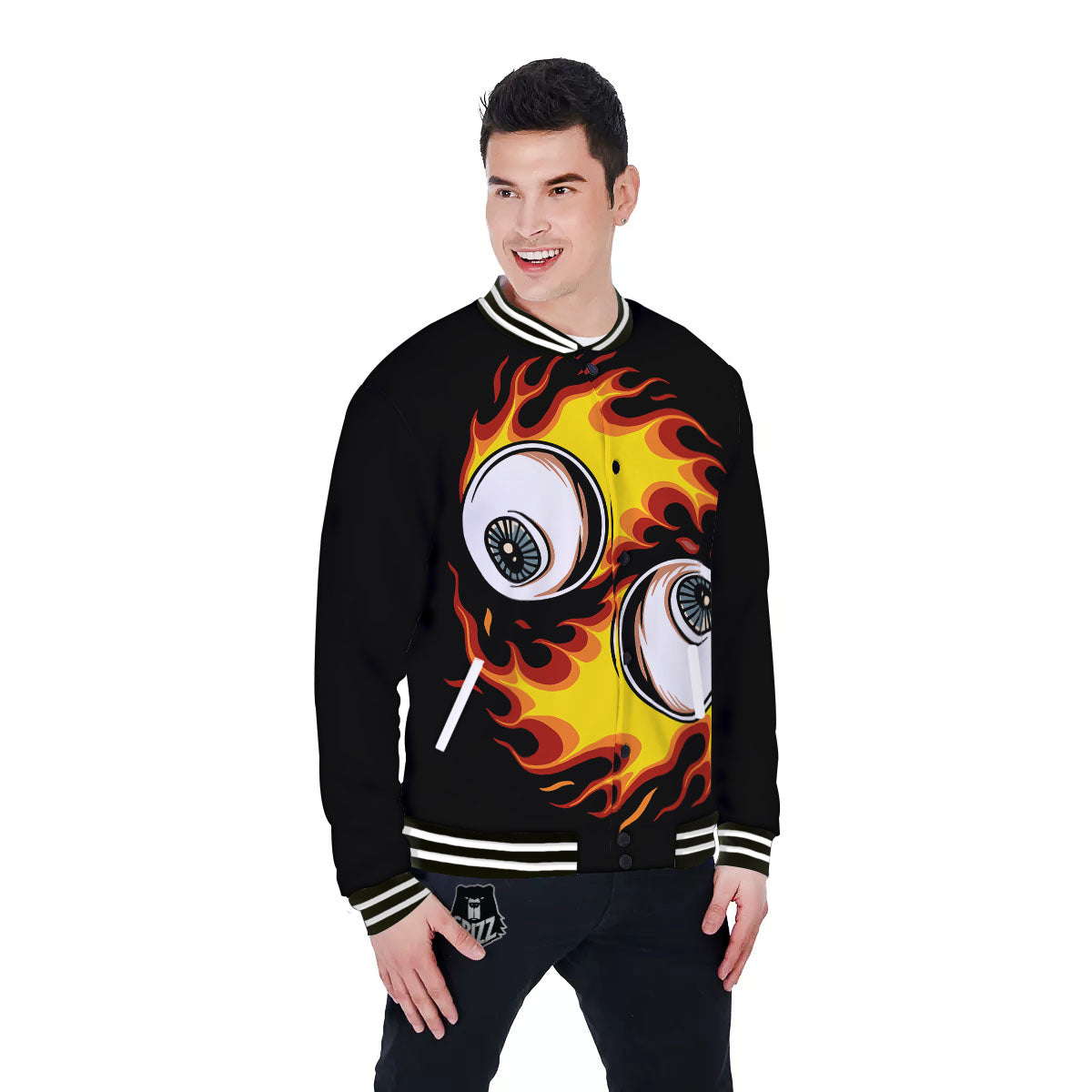 Flaming Eye Print Baseball Jacket-grizzshop