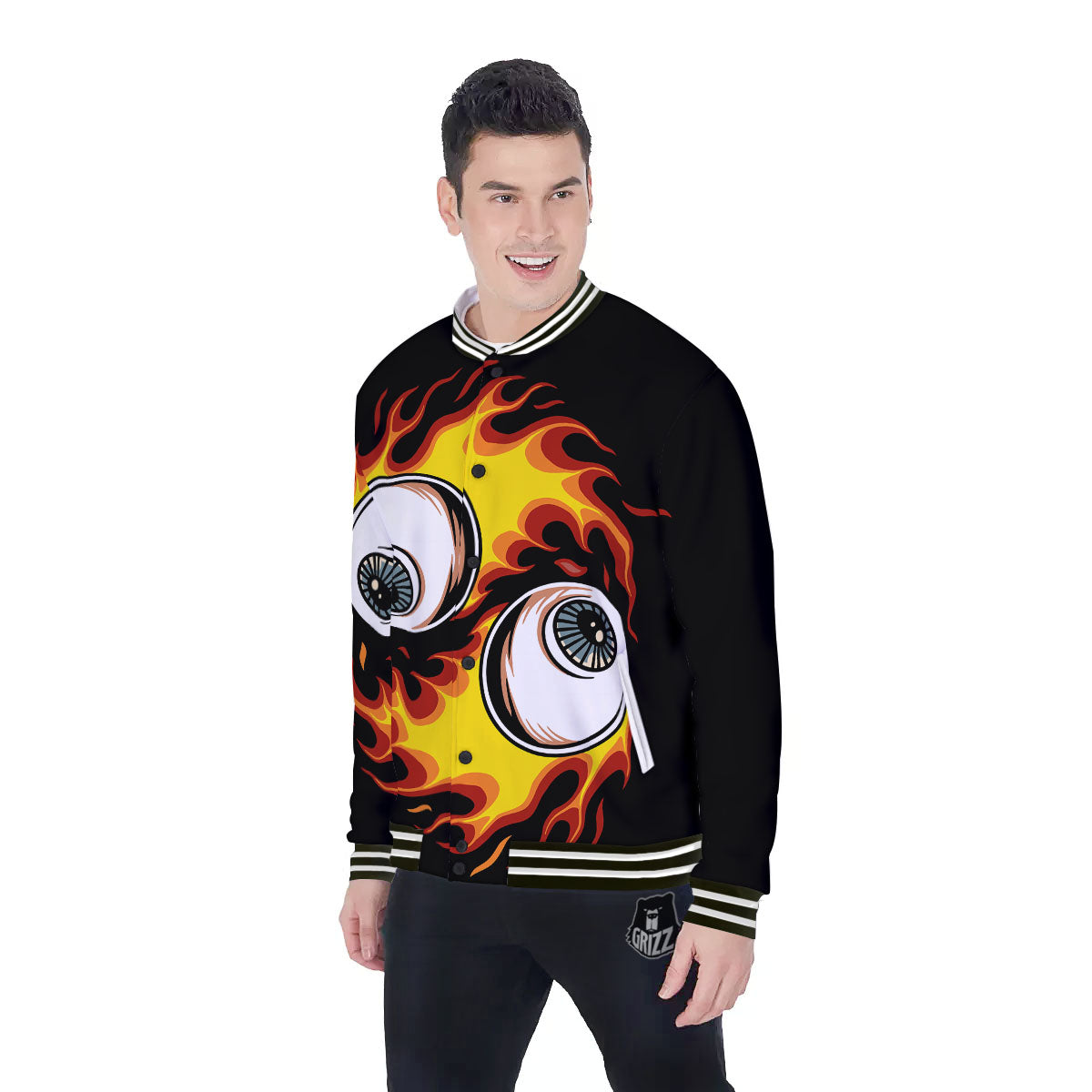 Flaming Eye Print Baseball Jacket-grizzshop