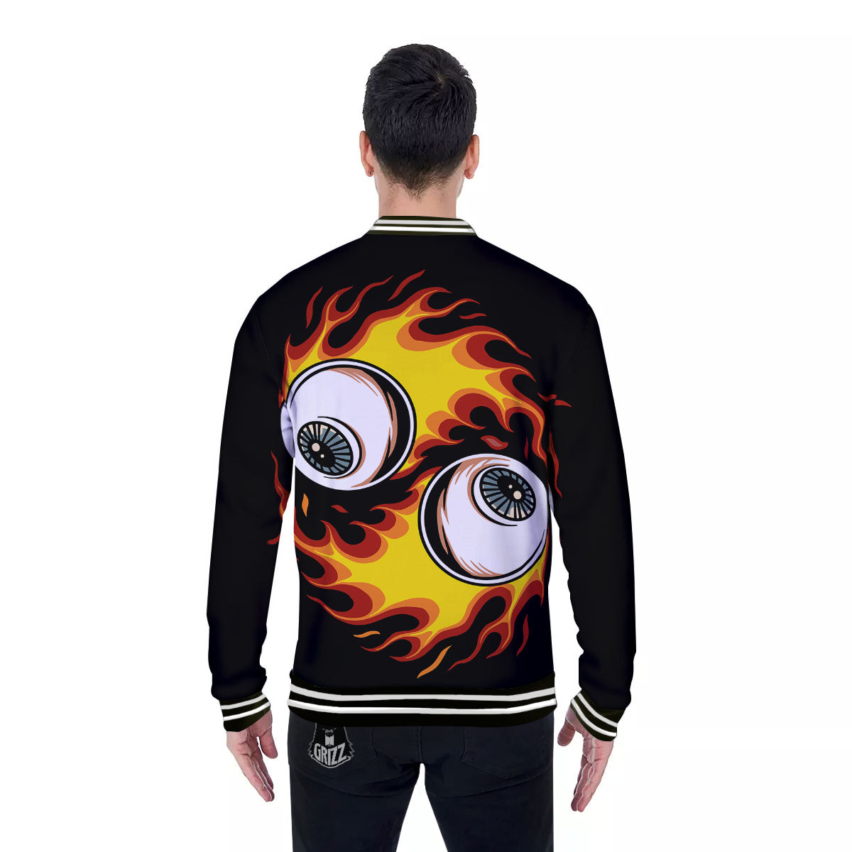 Flaming Eye Print Baseball Jacket-grizzshop