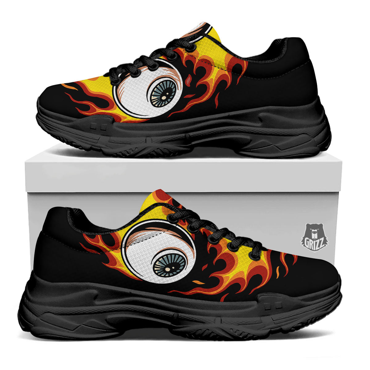 Flaming Eye Print Black Chunky Shoes-grizzshop