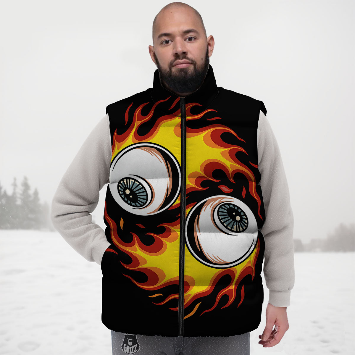Flaming Eye Print Down Vest-grizzshop