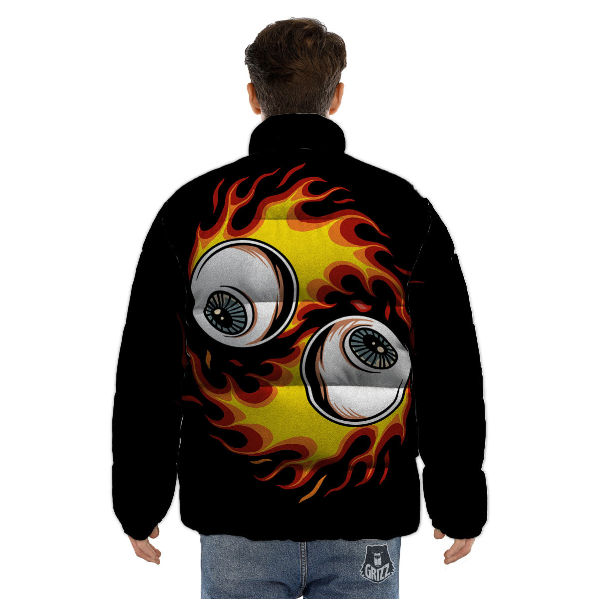 Flaming Eye Print Puffer Jacket-grizzshop