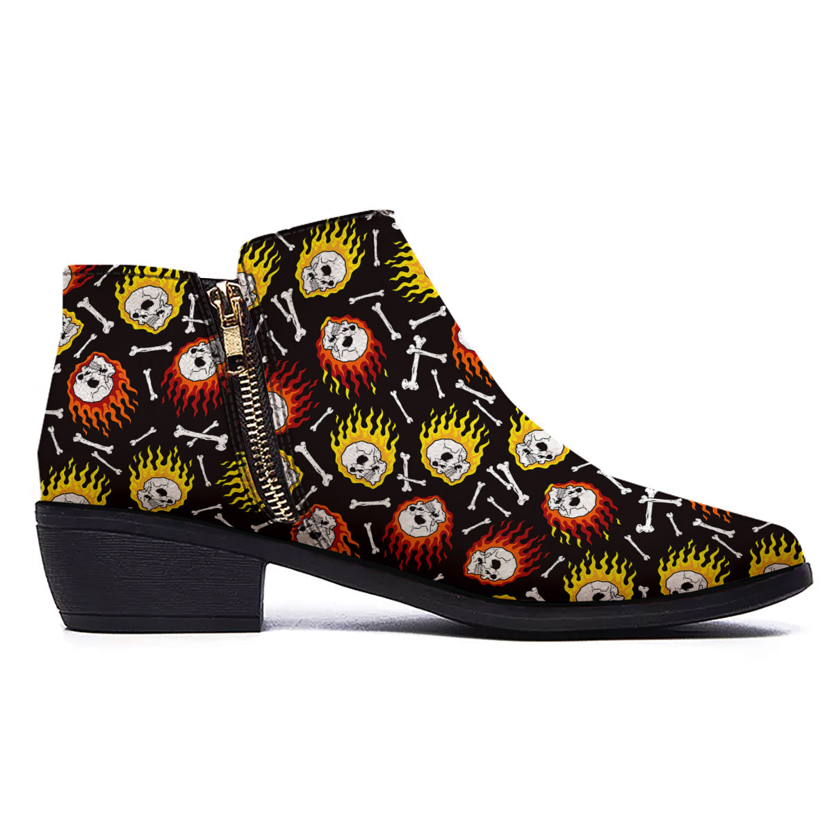 Flaming Skulls And Bone Print Pattern Ankle Boots-grizzshop
