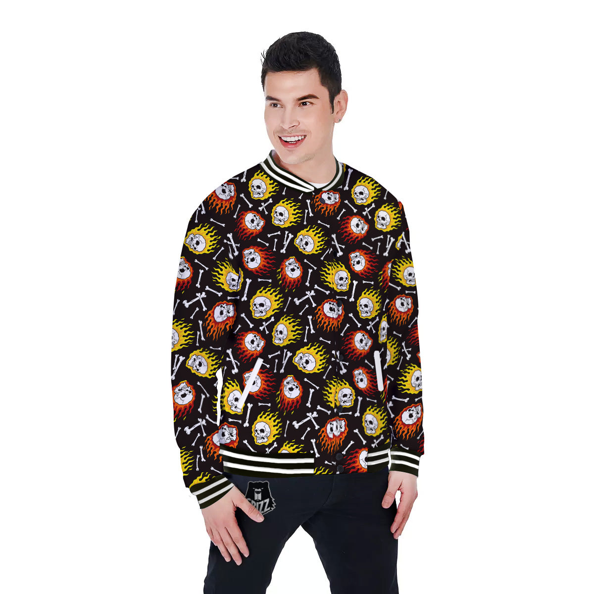Flaming Skulls And Bone Print Pattern Baseball Jacket-grizzshop