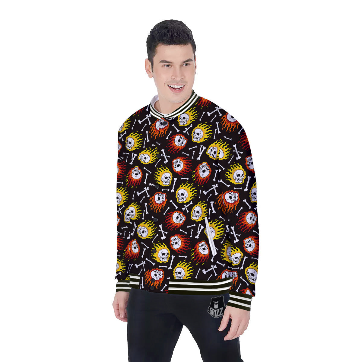 Flaming Skulls And Bone Print Pattern Baseball Jacket-grizzshop