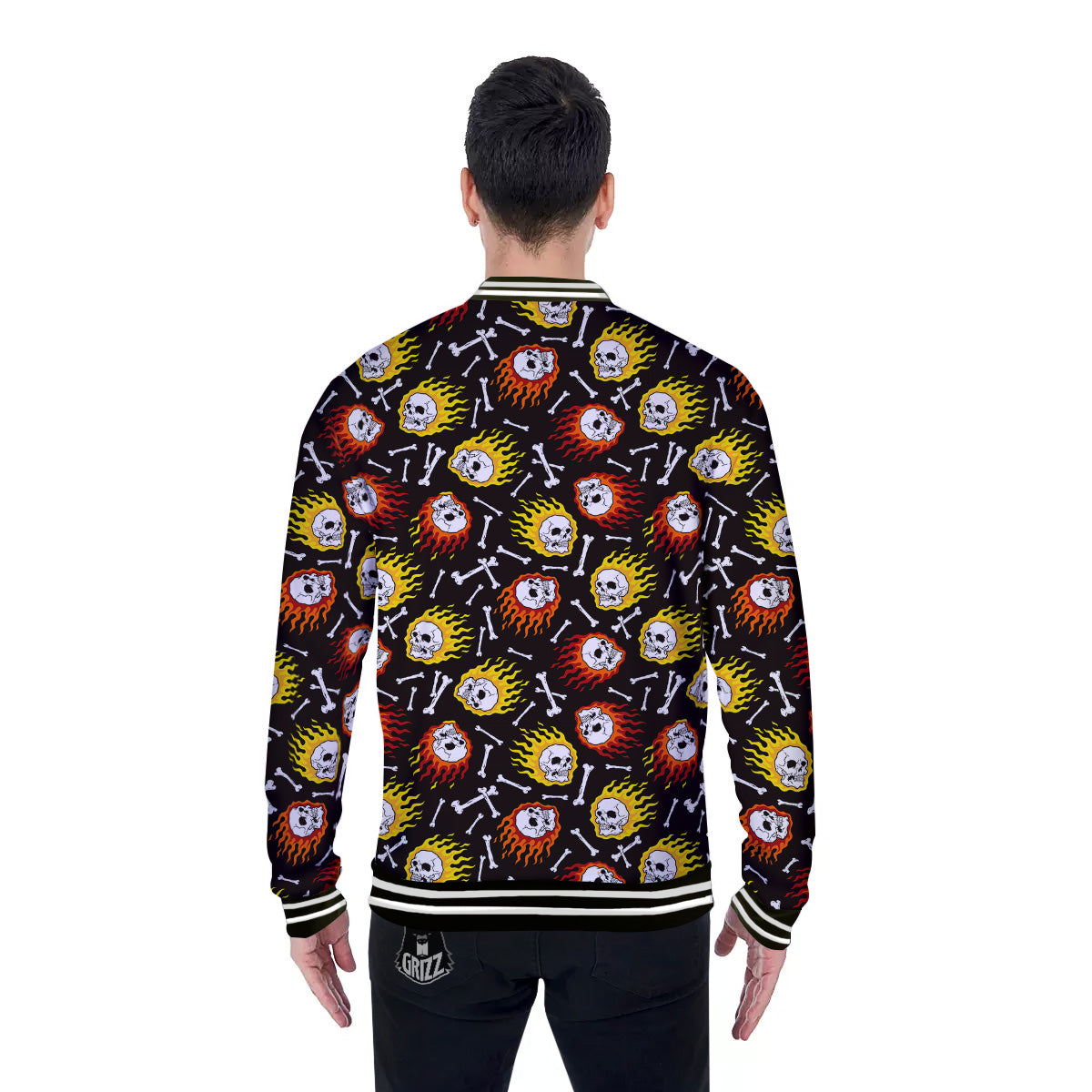Flaming Skulls And Bone Print Pattern Baseball Jacket-grizzshop