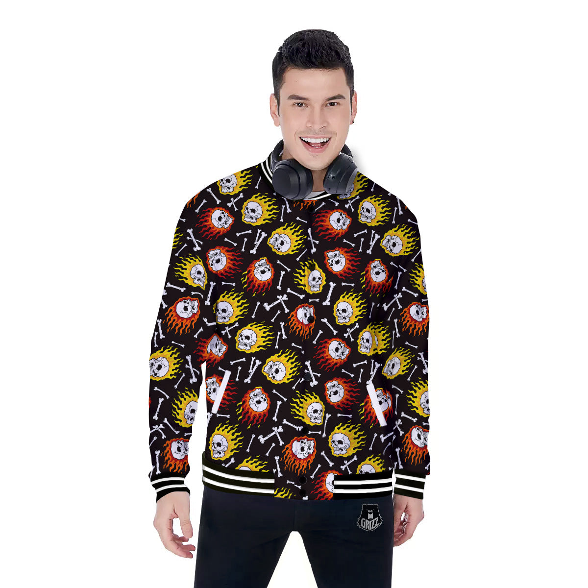 Flaming Skulls And Bone Print Pattern Baseball Jacket-grizzshop
