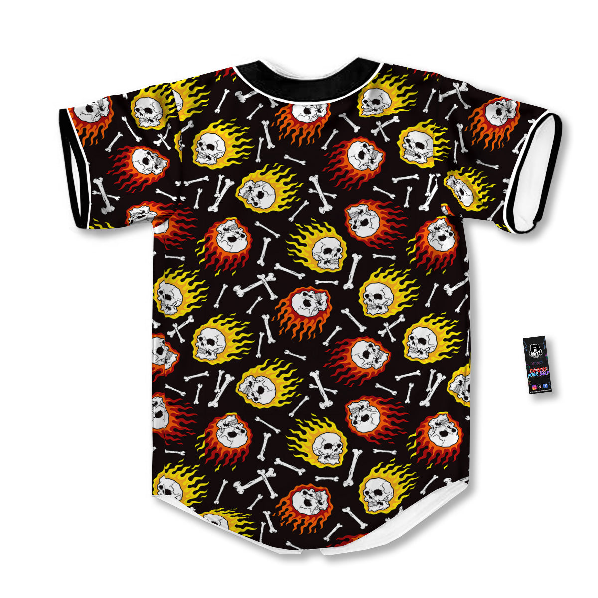 Flaming Skulls And Bone Print Pattern Baseball Jersey-grizzshop
