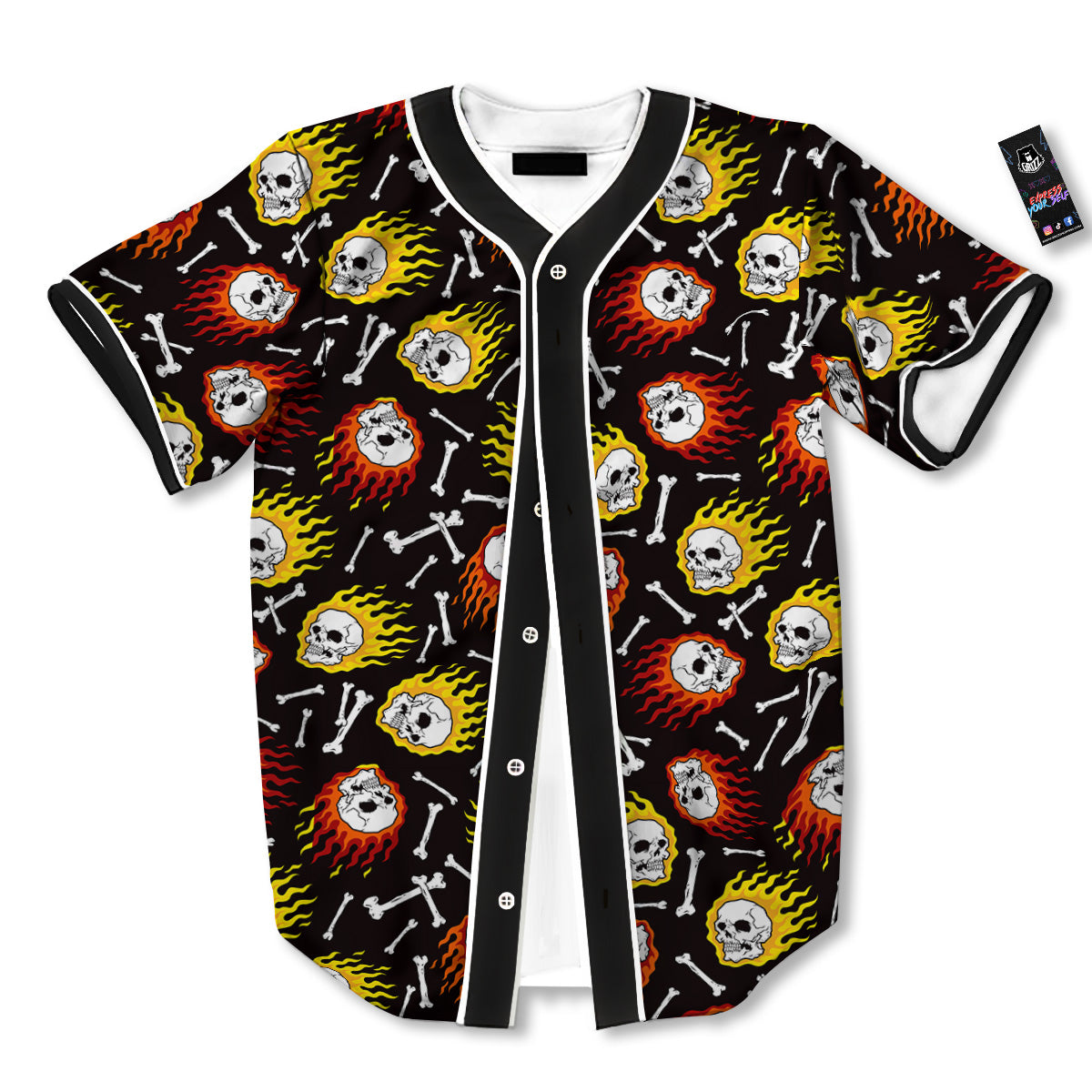 Flaming Skulls And Bone Print Pattern Baseball Jersey-grizzshop