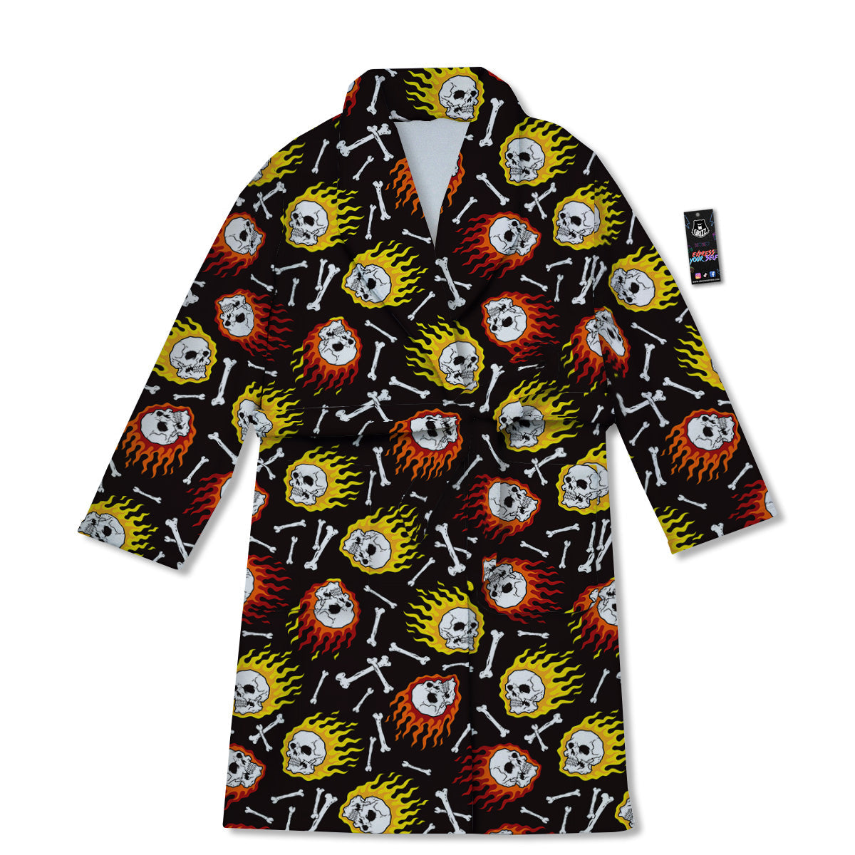 Flaming Skulls And Bone Print Pattern Bathrobe-grizzshop